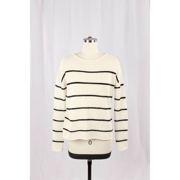 Line the Label Sweaters - LINE LABEL Ivory Black Striped Cashmere Knit Boat Neck Sweater, Size XS